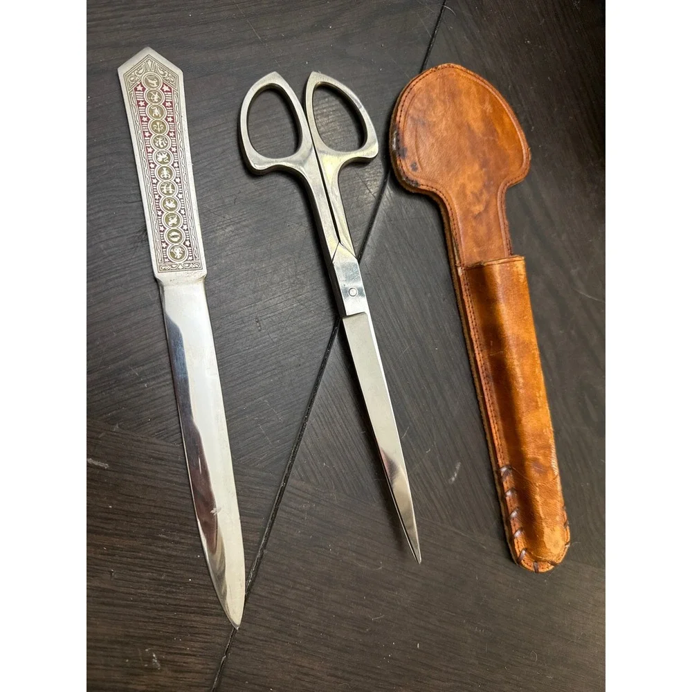 Vintage Ad-Craft Solingen Germany Zodiac Letter Opener and Scissors Desk Set